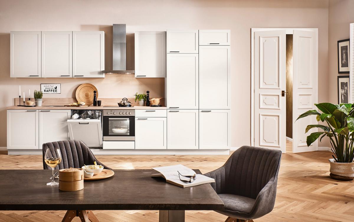 Küchenblock Home o. Geräte Magnolia matt - Eichefarben/Anthrazit, ROMANTIK / LANDHAUS, Holzwerkstoff/Metall (420cm) - Express-Kuechen