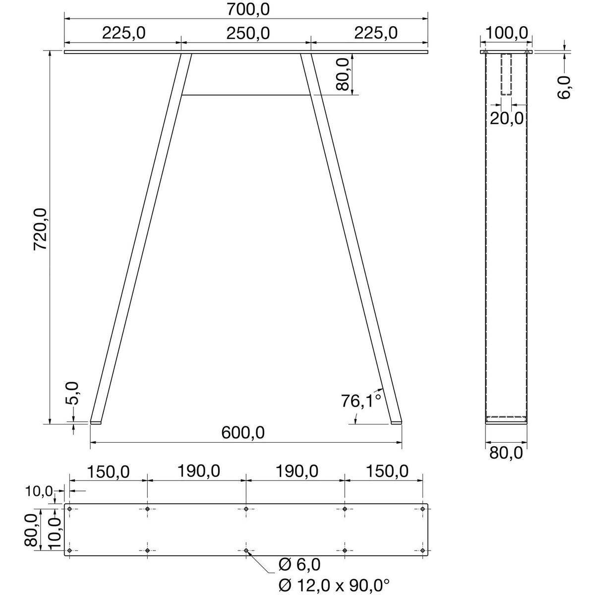 Tischgestell A-Form in Stahl Schwarz - Schwarz, Metall (70/72/10cm)