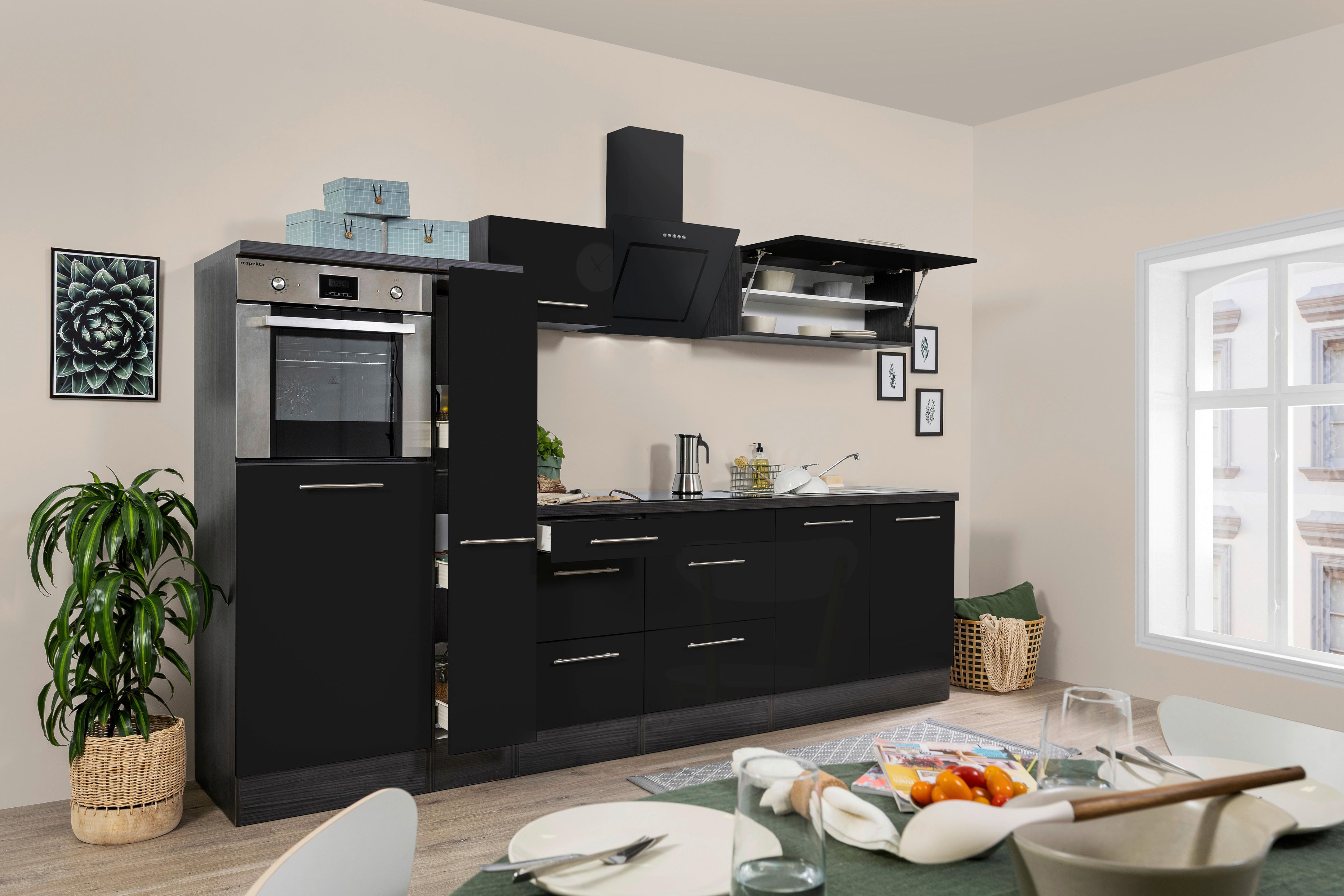 Küchenzeile mit Geräte Schwarz Hochgl/Eiche Grau B: ca. 300cm - Edelstahlfarben/Eichefarben, Basics, Holzwerkstoff/Metall (300cm) - Respekta