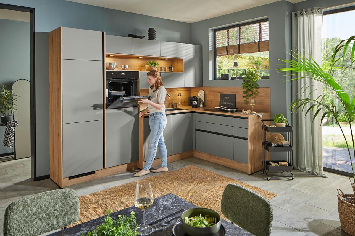 Eckküche Anthrazit/Dekor Eiche ohne Geräte, ohne Zubehör - Eichefarben/Anthrazit, MODERN, Holzwerkstoff (302/197cm) - Express-Kuechen