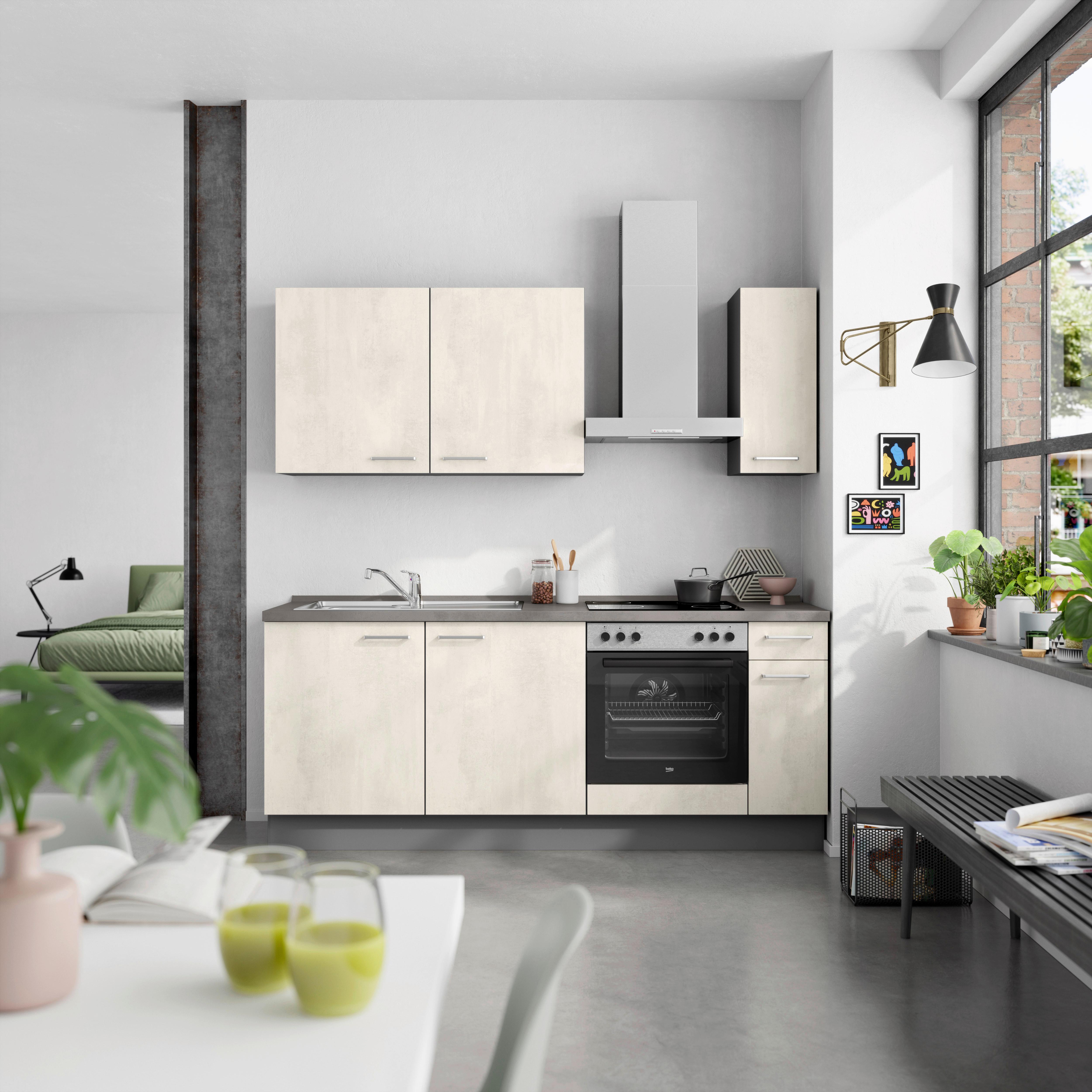 Küchenblock Riva Low m. Geräten Weiß - Schieferfarben/Edelstahlfarben, MODERN, Holzwerkstoff/Metall (210cm) - Nobilia