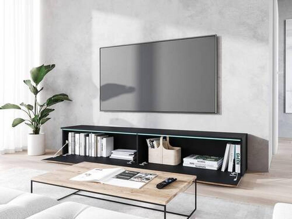 Lowboard ca. 180x30 cm mit LED Fischgräte Eiche Wotan/Schwarz - Eiche Wotan/Schwarz, Basics, Holzwerkstoff/Kunststoff (180/30/33cm) - P & B