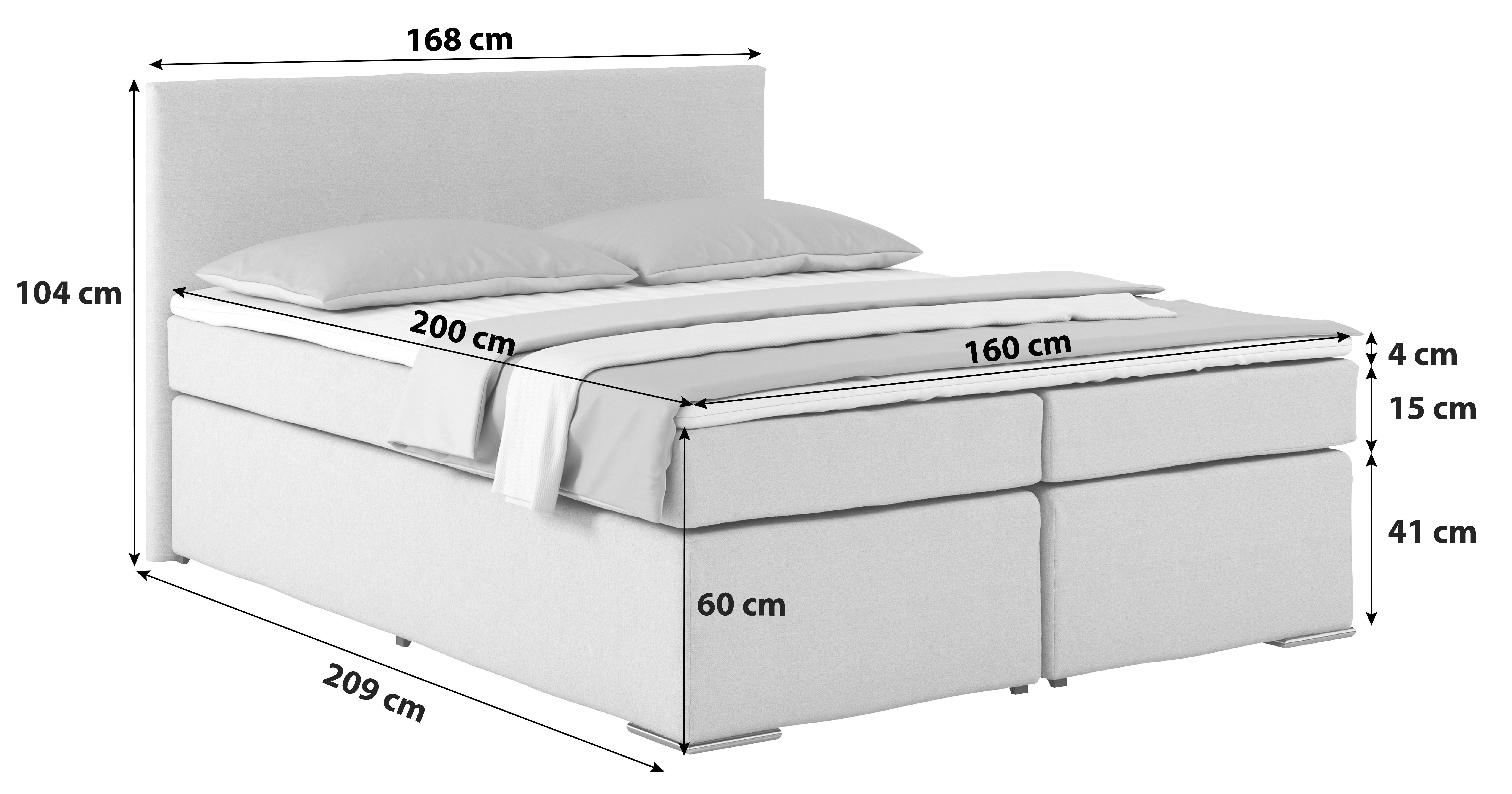Boxspring Krevet Nero - svijetlo siva/boje kroma, Konventionell, tekstil/metal (160/200cm)