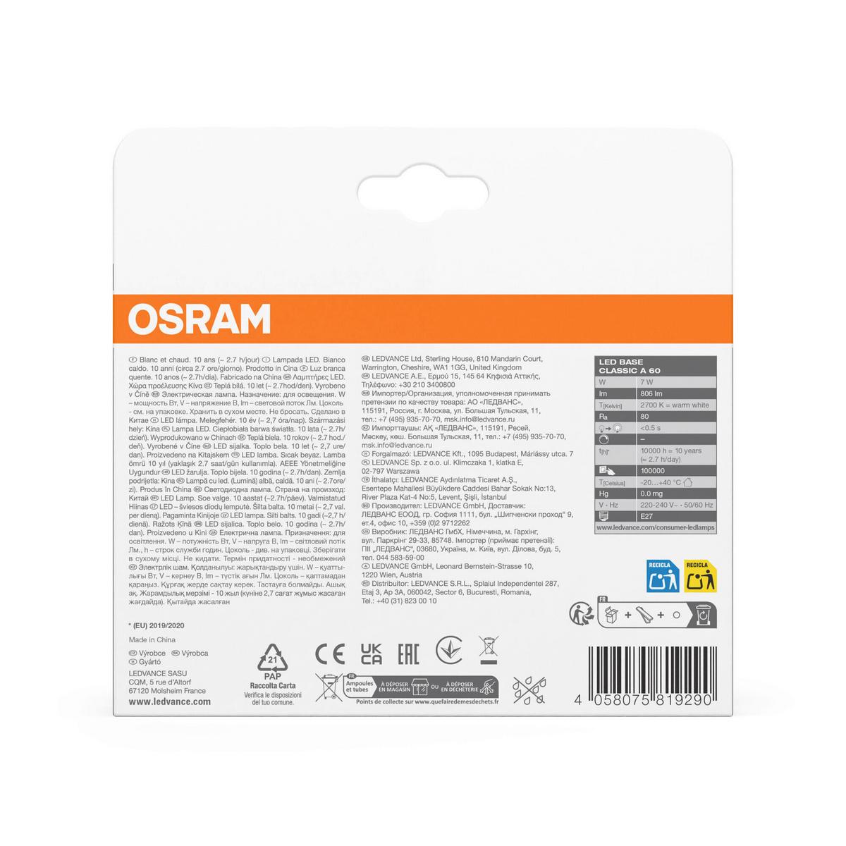 ŻARÓWKA LED FILAMENT BASECLA60 6,5W-827 FIL - przejrzysty, Basics, szkło (6/10,5cm) - Osram