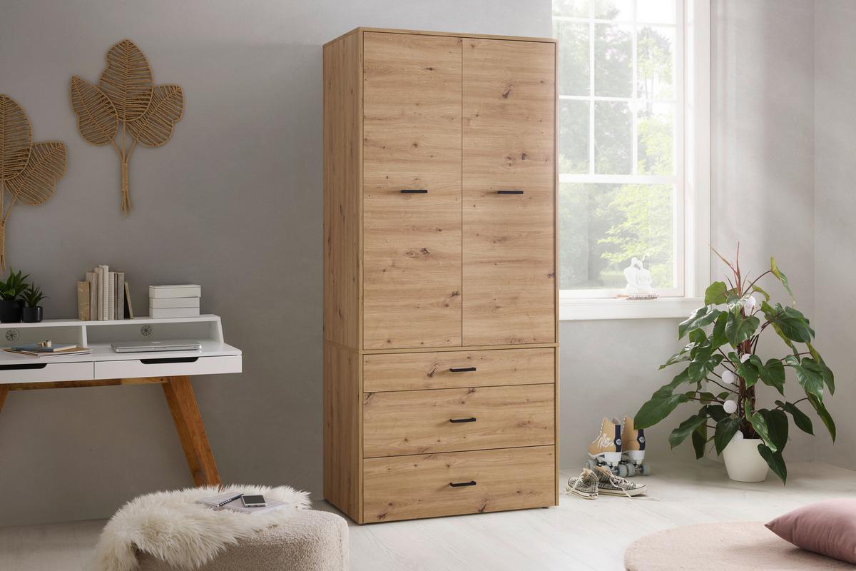 Kleiderschrank Kivo Eiche Artisan - Schwarz/Eiche Artisan, MODERN, Holzwerkstoff/Kunststoff (90/129,8/52,1cm) - Based