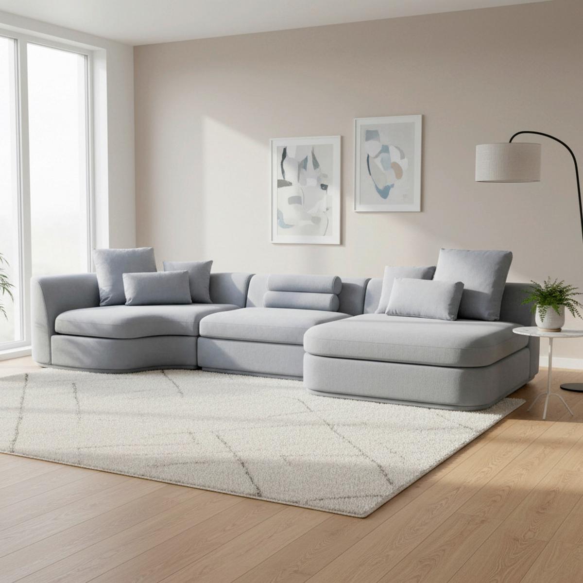 Wohnlandschaft Anna Grau Velours - Blau/Weiß, MODERN, Holz/Kunststoff (360/134/134cm) - Bessagi Home