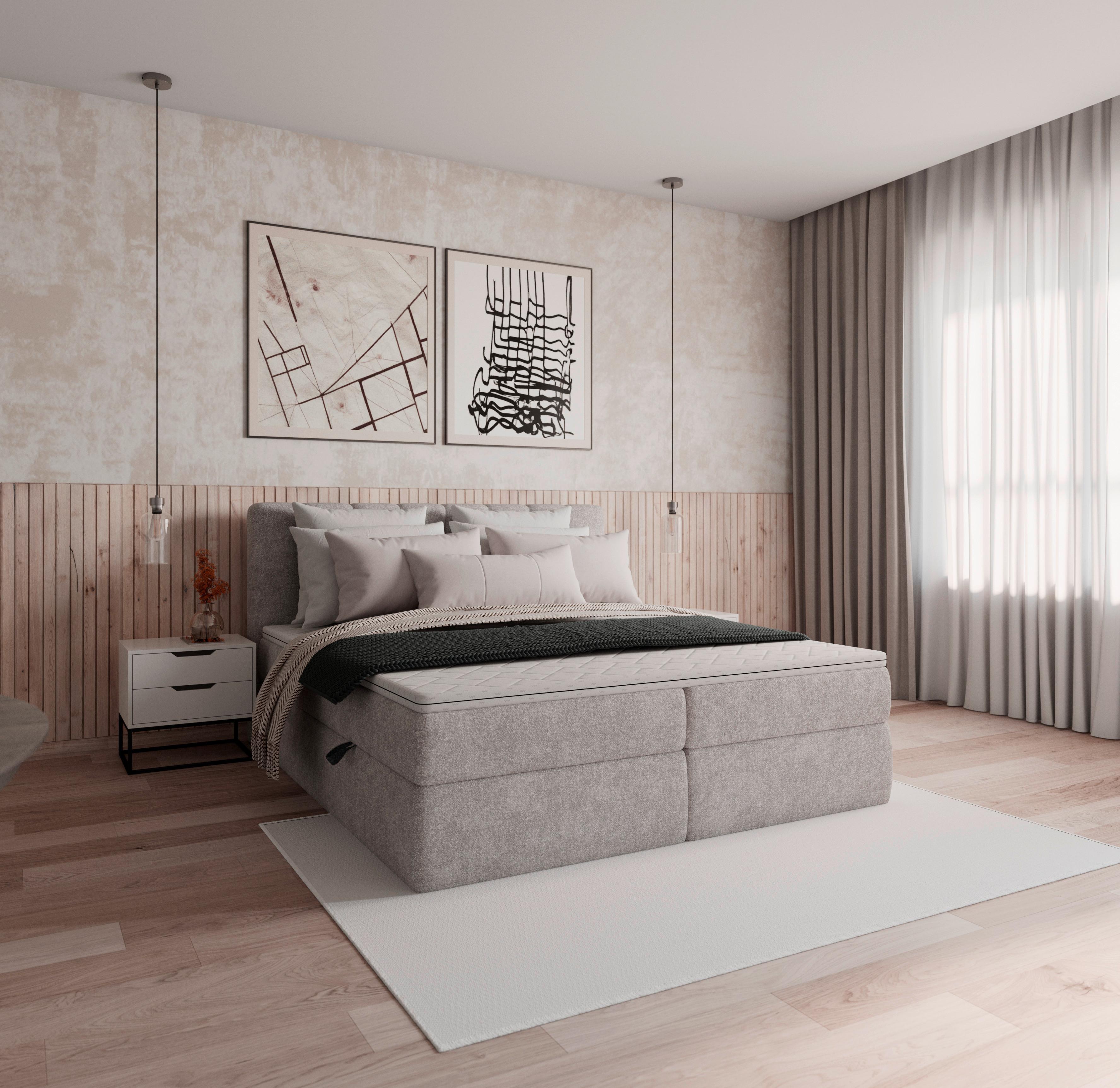 Boxbett Mala ca. 180x200 cm Hellgrau mit Topper - Hellgrau/Schwarz, MODERN, Holz/Holzwerkstoff (180/200cm) - Bessagi Home