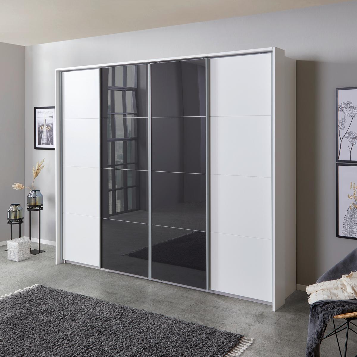 Dulap cu uși glisante BENSHEIM 361/230 - alb/gri închis, Modern, sticlă/material pe bază de lemn (361/230/62cm) - James Wood