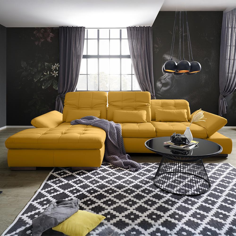 Wohnlandschaft Sanfino Leder Gelb - Chromfarben/Gelb, KONVENTIONELL, Leder/Metall (199/79-96/305cm) - Premium Living