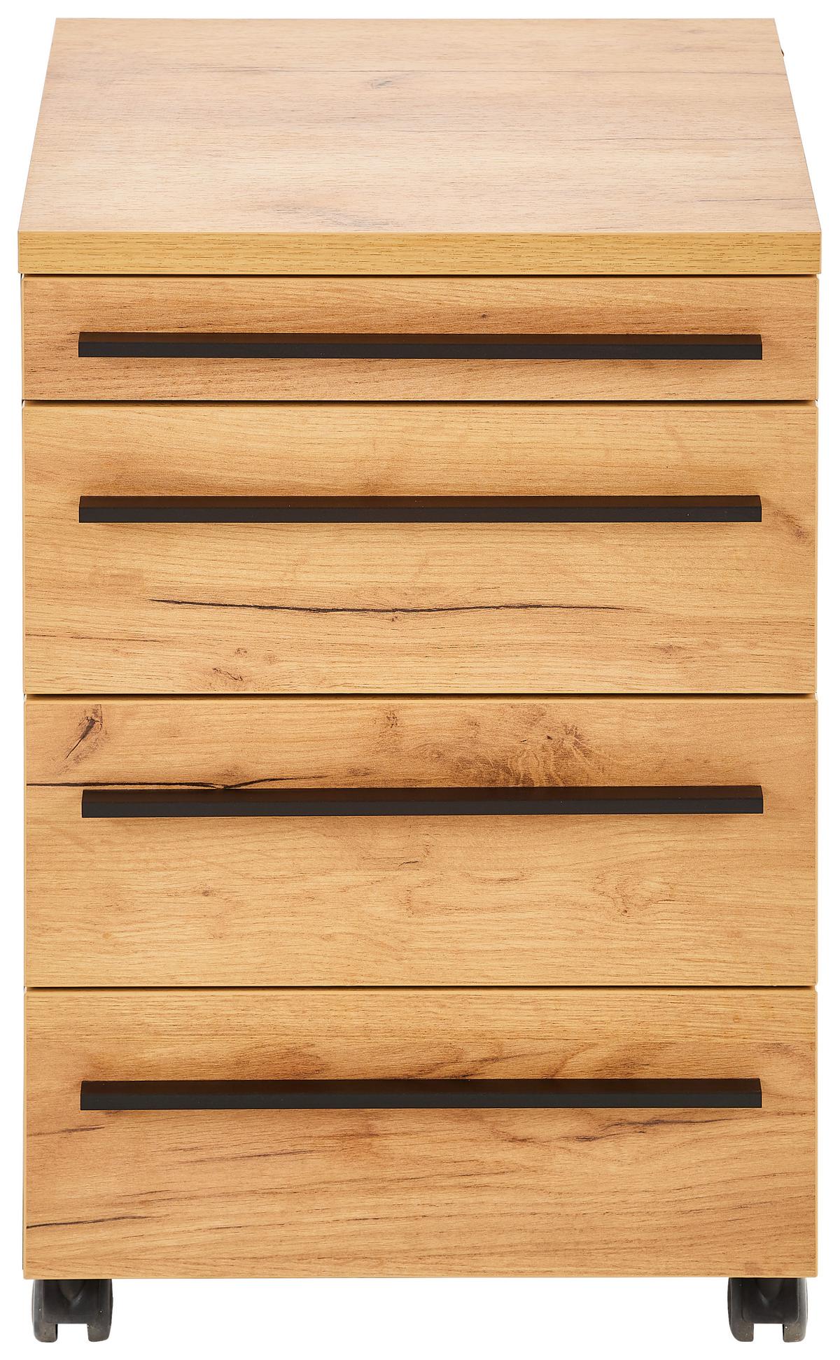 KONTENER NA KÓŁKACH RENTON - kolor dębowy/czarny, Modern, materiał drewnopochodny/tworzywo sztuczne (42/61/49cm) - Novel