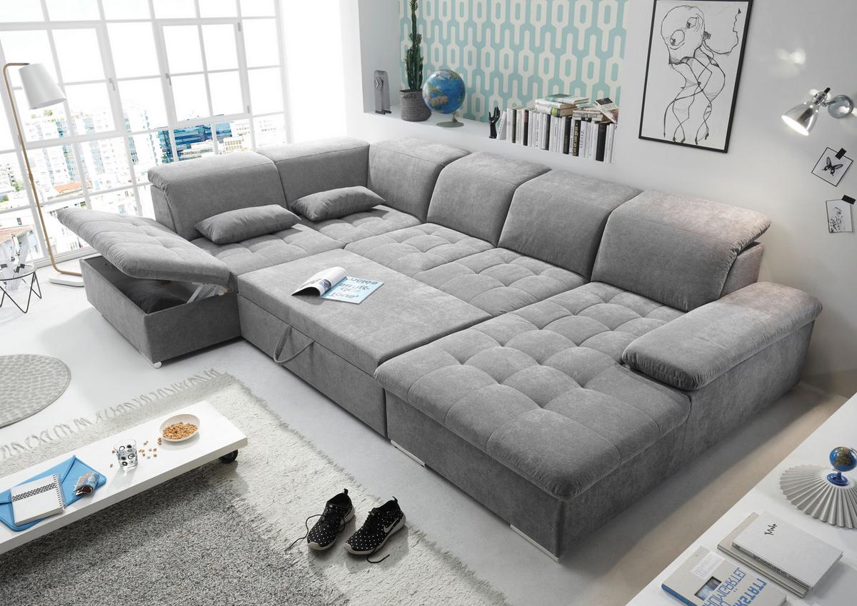 Wohnlandschaft Wayne U inkl. Kissen Grau - Silberfarben/Grau, KONVENTIONELL, Kunststoff/Textil (240/340/188cm) - MID.YOU