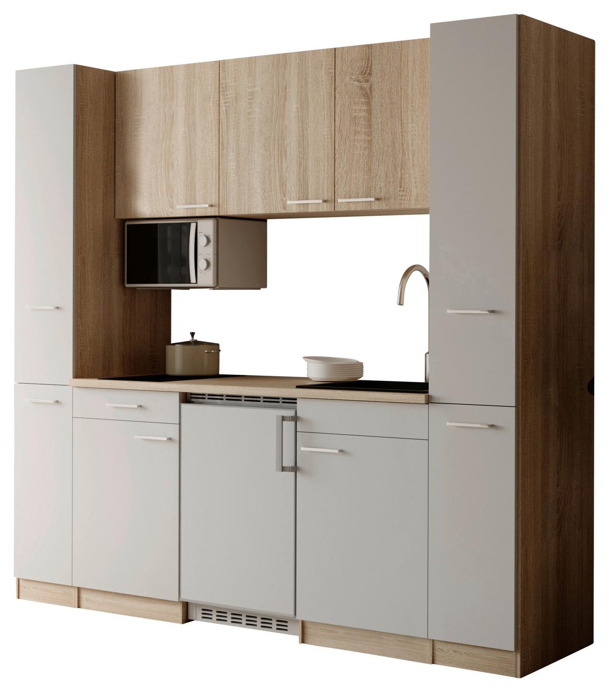 Küchenblock Ingrid m. Geräten Weiß - Eichefarben/Alufarben, Design, Holzwerkstoff/Kunststoff (210cm) - Respekta