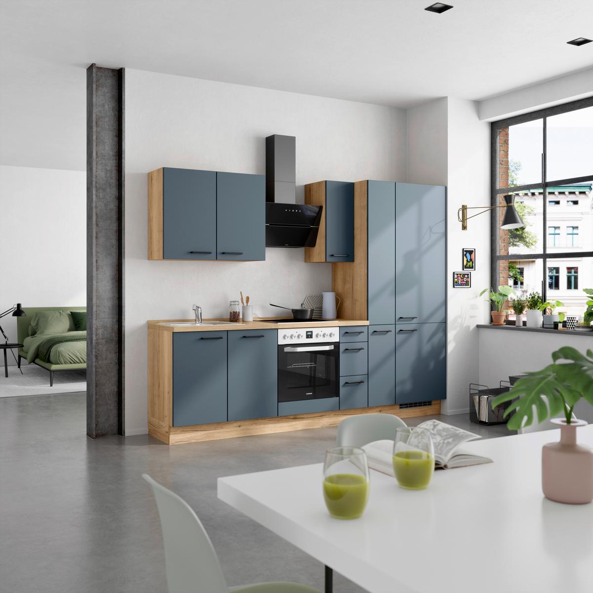 Küchenblock Easytouch High m. Geräten Dunkelblau - Eichefarben/Schwarz, MODERN, Holzwerkstoff/Metall (270cm) - Nobilia