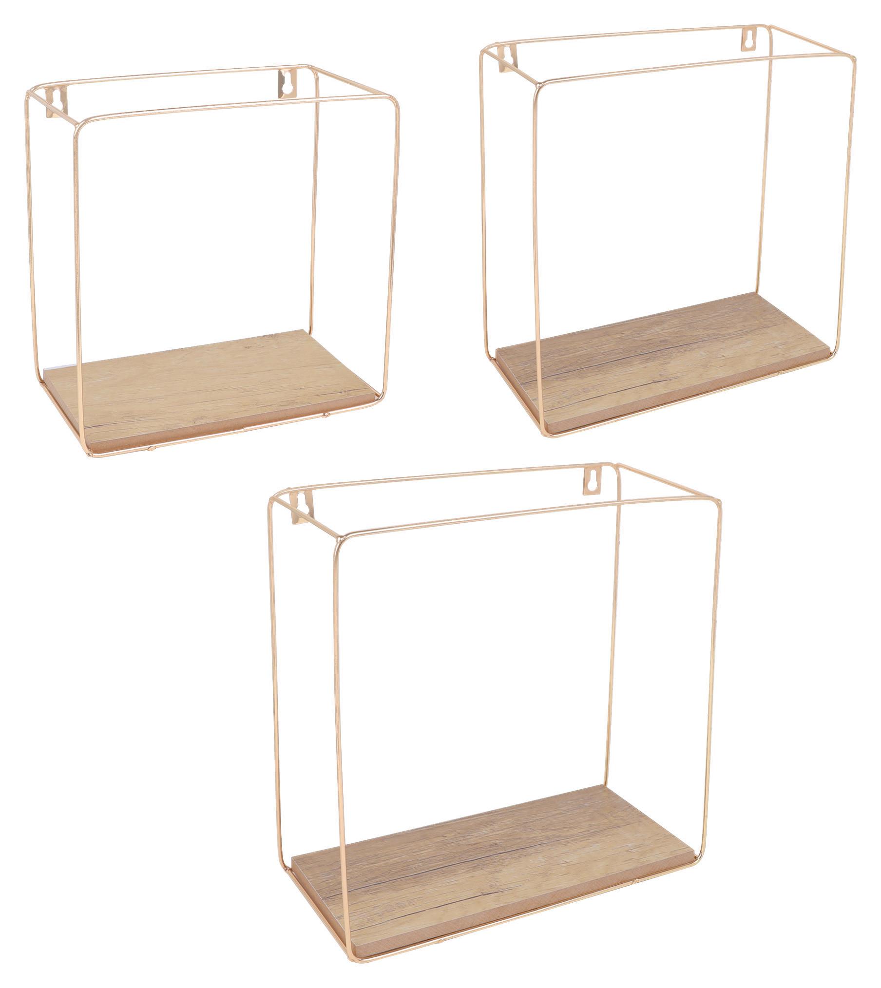 Set etajere de perete ANCONA - auriu/culoare lemn stejar, Modern, metal/material pe bază de lemn (32/27/22/32/27/22/12cm) - Modern Living