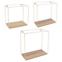 Set etajere de perete ANCONA - auriu/culoare lemn stejar, Modern, metal/material pe bază de lemn (32/27/22/32/27/22/12cm) - Modern Living