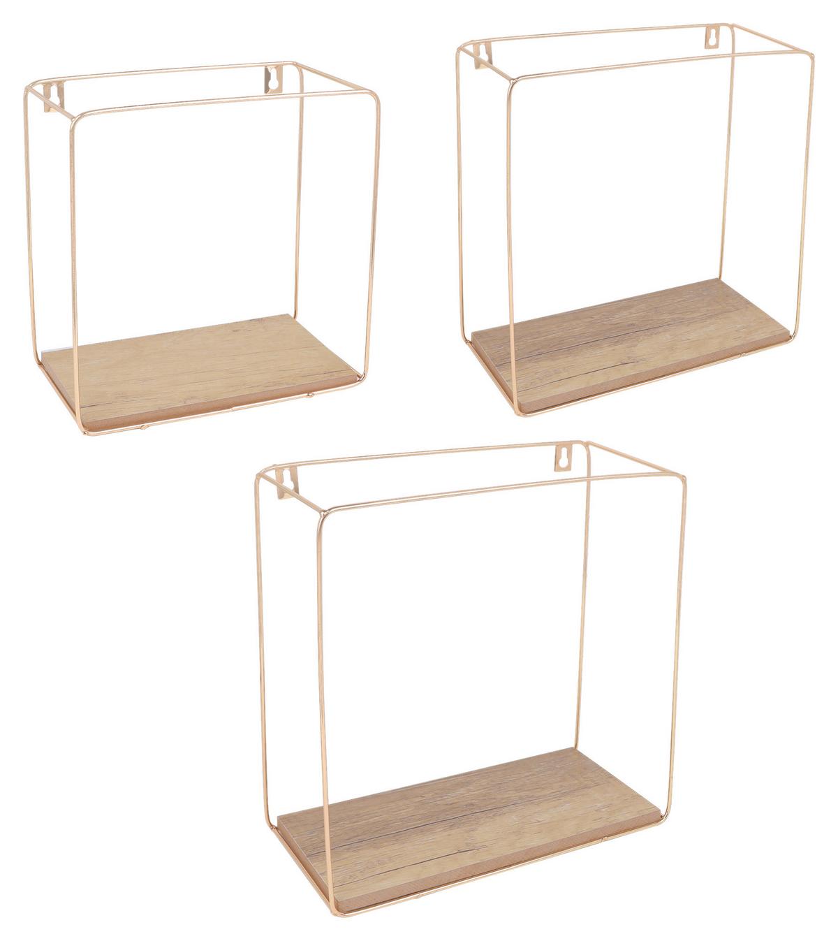 Set etajere de perete ANCONA - auriu/culoare lemn stejar, Modern, metal/material pe bază de lemn (32/27/22/32/27/22/12cm) - Modern Living
