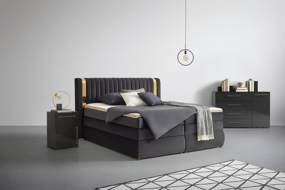 Boxspringbett Minola Gold Schwarz ca. 180x200cm - Schwarz, KONVENTIONELL, Kunststoff/Textil (180/200cm) - Premium Living