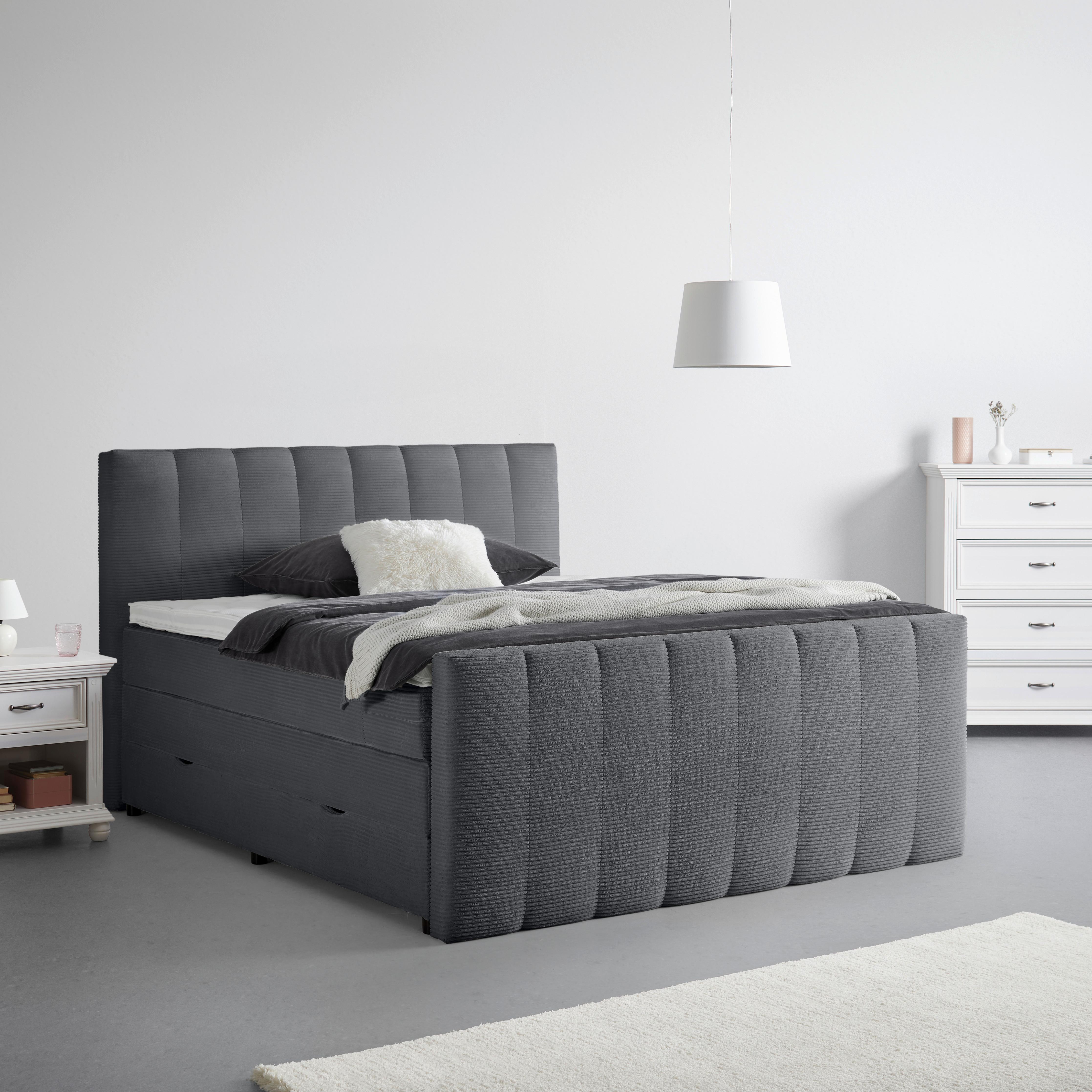 Boxspringbett Malaga Dunkelgrau ca. 180x200cm - Dunkelgrau/Silberfarben, Konventionell, Holzwerkstoff/Kunststoff (180/200cm) - Premium Living
