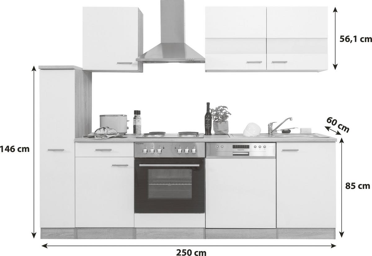 Küchenblock Merle mit Geräten ca. 250 cm Schwarz - Edelstahlfarben/Eichefarben, Basics, Holzwerkstoff/Metall (250cm) - Respekta