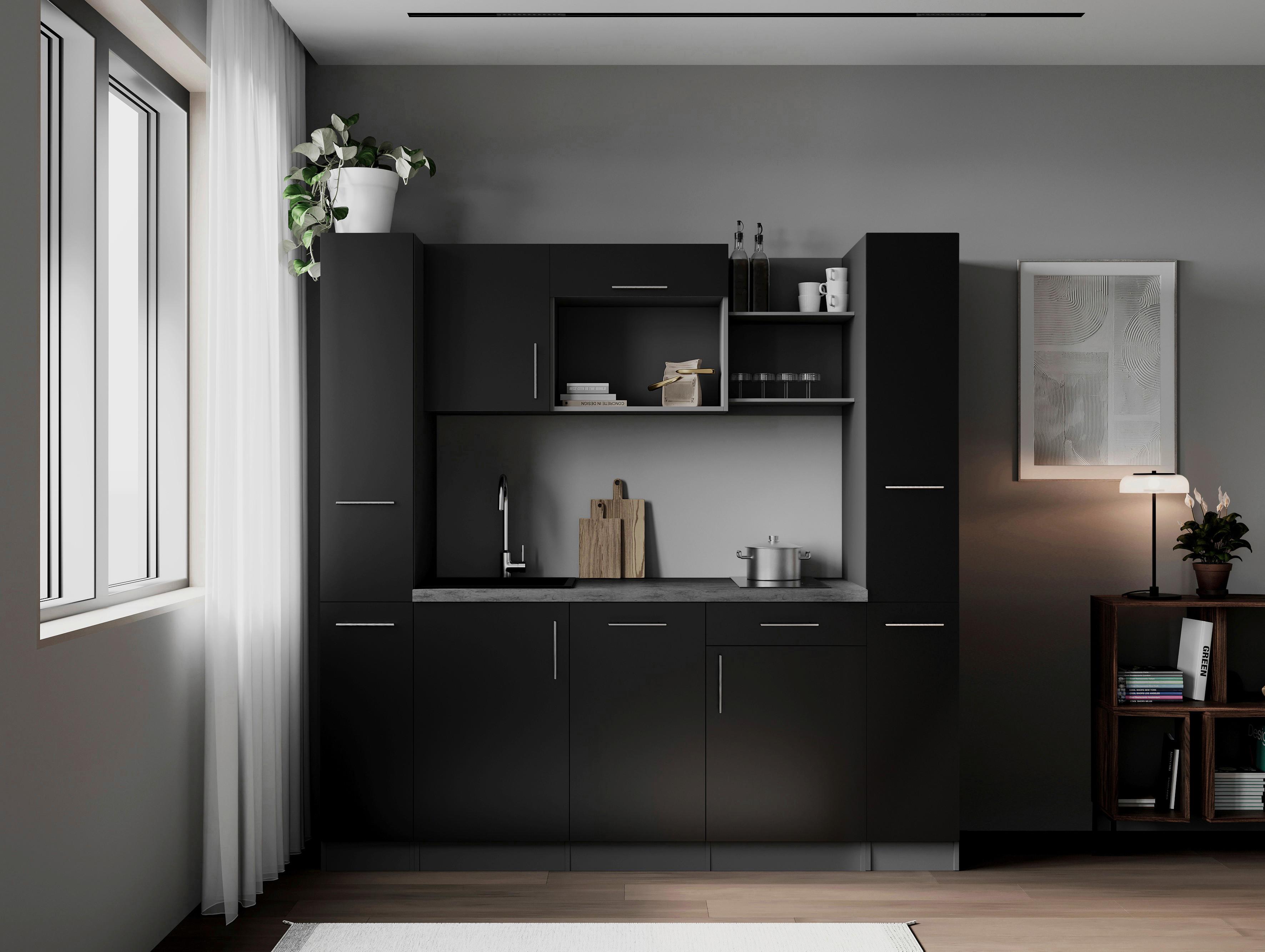 Küchenblock Oliver m. Geräten Schwarz - Schwarz/Grau, Trend, Holzwerkstoff/Metall (205cm) - Respekta