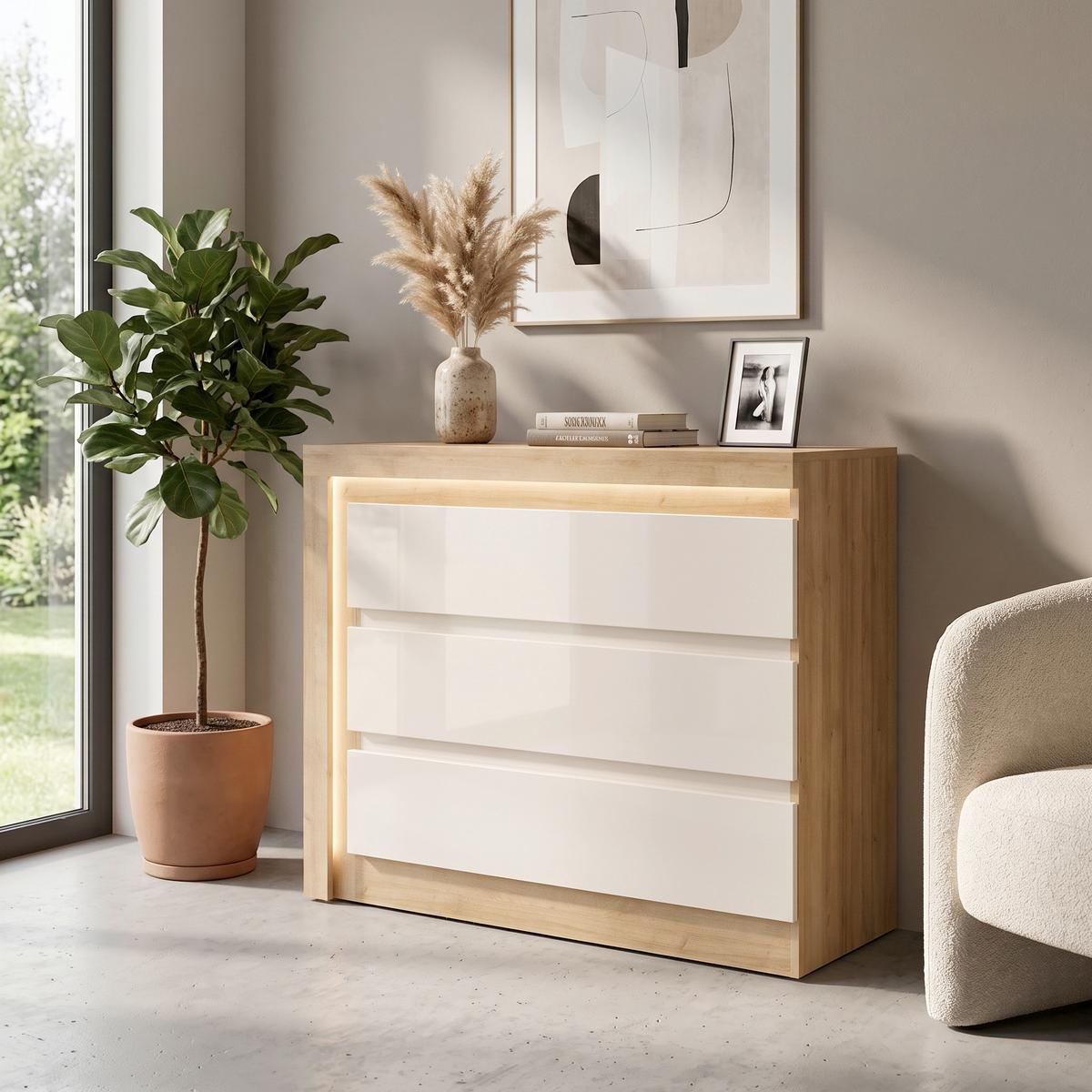 Komoda Lyon - boje hrasta/bijela visoki sjaj, Trend, drvni materijal/plastika (107,5/89,1/42cm) - Modern Living