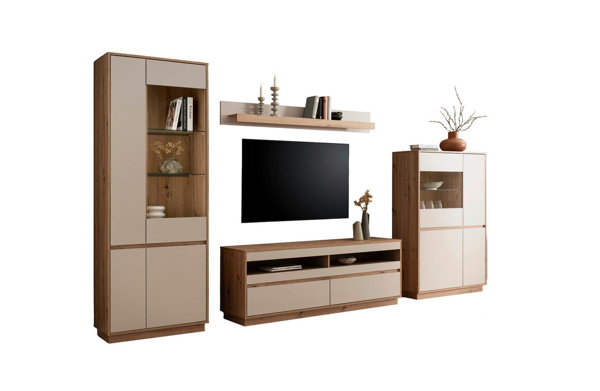 WOHNWAND SONORA - Kaschmir/Eiche Artisan, Design, Glas/Holzwerkstoff (342/205/40cm) - MID.YOU