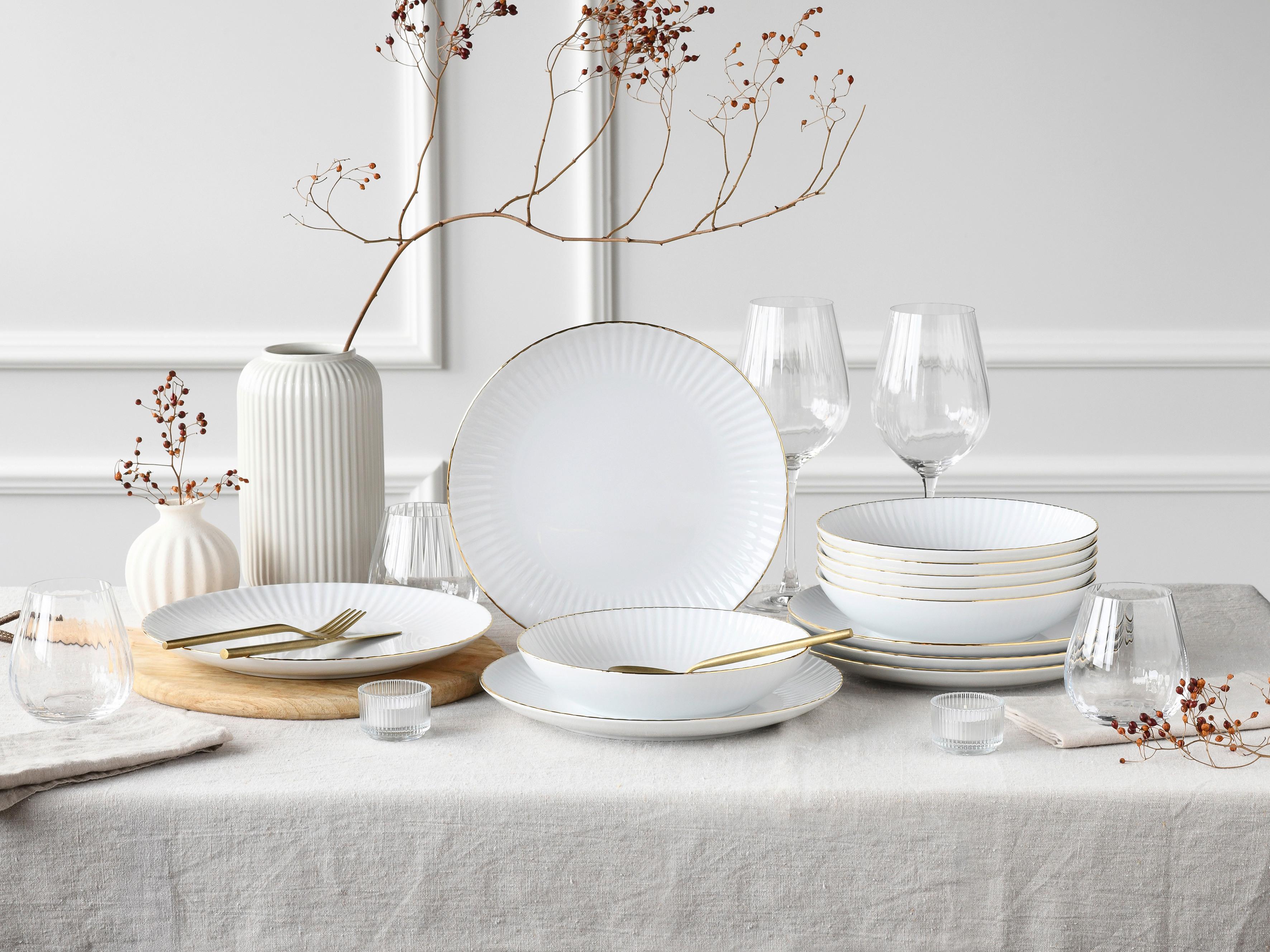 Jedilni Servis Allegra Goldband, 12-Delni - zlate barve/bela, Basics, keramika - Creatable