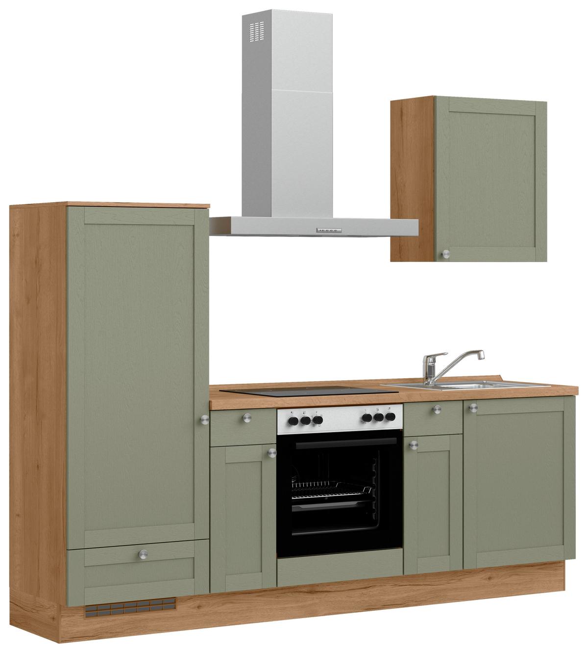 Küchenleerblock Frame Low o. Geräte Olivgrün - Edelstahlfarben/Eichefarben, MODERN, Holzwerkstoff/Metall (240cm) - Nobilia