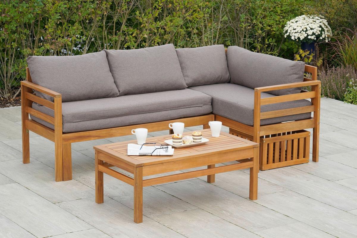 Gartenset Brasilia Echtholz - Grau/Akaziefarben, KONVENTIONELL, Holz/Textil - Gardenson