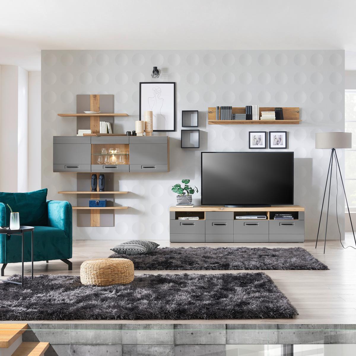 Vitrină suspendată Auris - gri, Modern, sticlă/material pe bază de lemn (164,3/52/37,1cm) - Modern Living