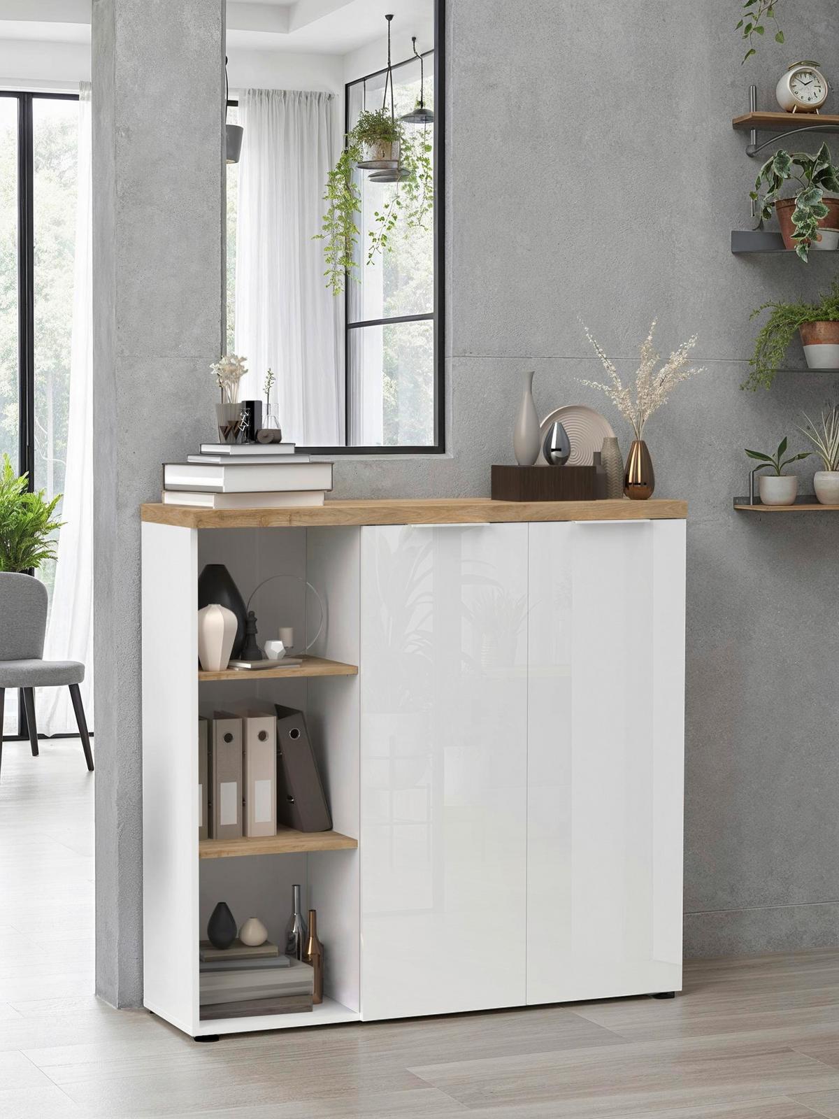 Schrank Easy Office Eichefarben/Weiß Hochglanz - Weiß Hochglanz/Eichefarben, MODERN, Holzwerkstoff/Metall (121/116/34cm) - Based