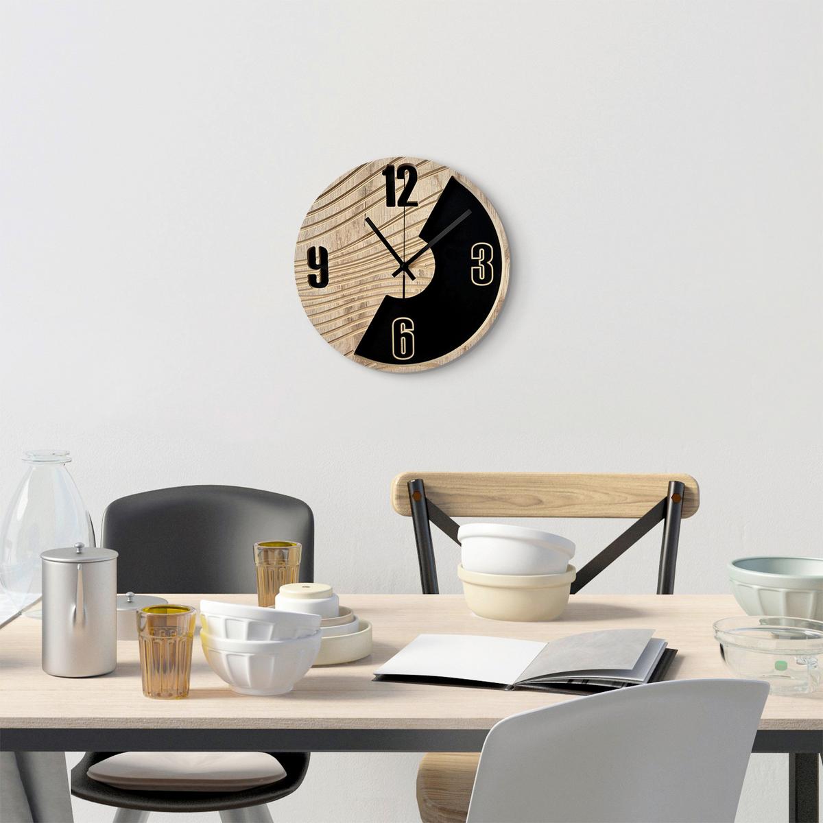 Wanduhr Schwarz/Eichefarben Ø ca. 36cm - Eichefarben/Schwarz, Basics, Holz/Kunststoff (36cm)