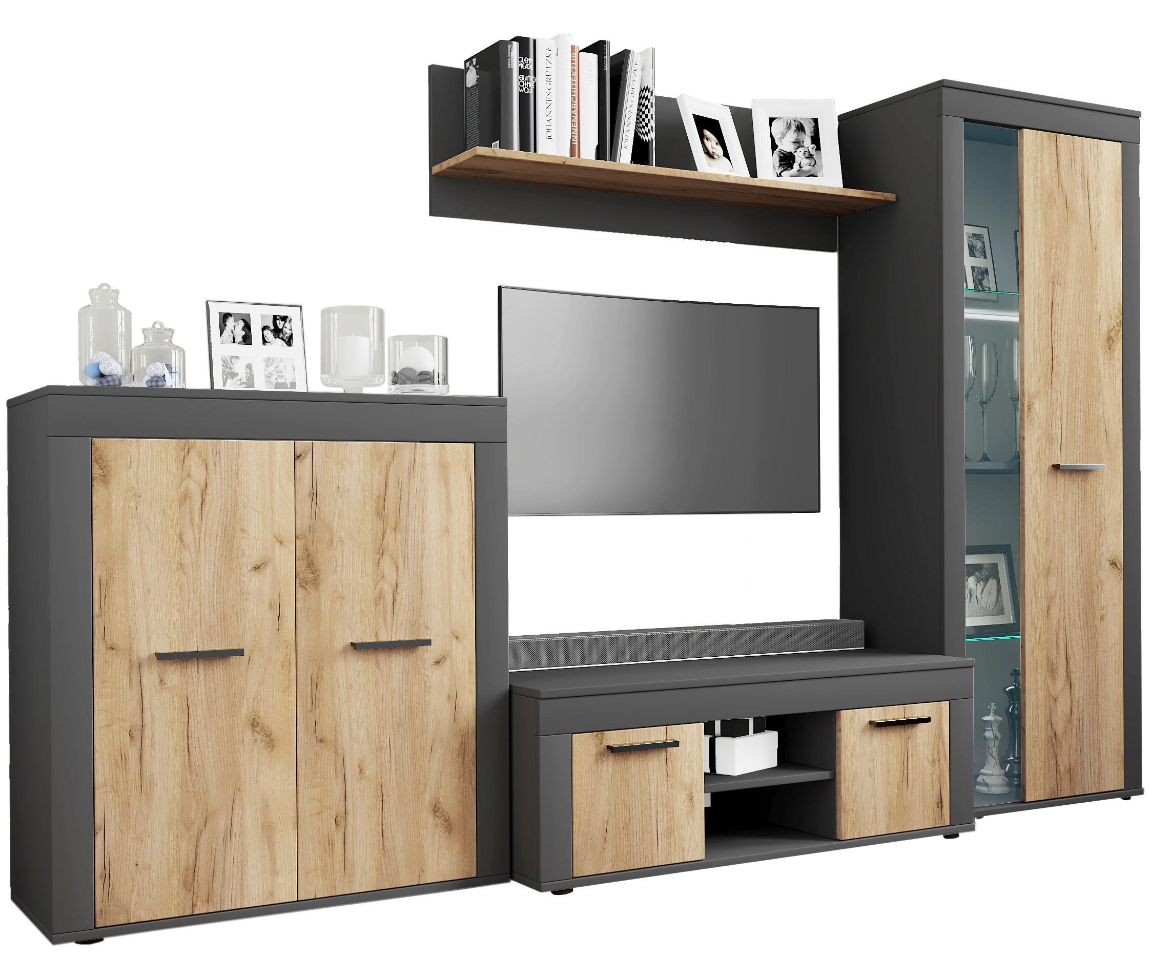 Dnevni Regal Usilo L, Barva Hrasta, Antracit, 4-Delni - črna/medeni hrast, Design, umetna masa/steklo (242/159/37cm) - MID.YOU