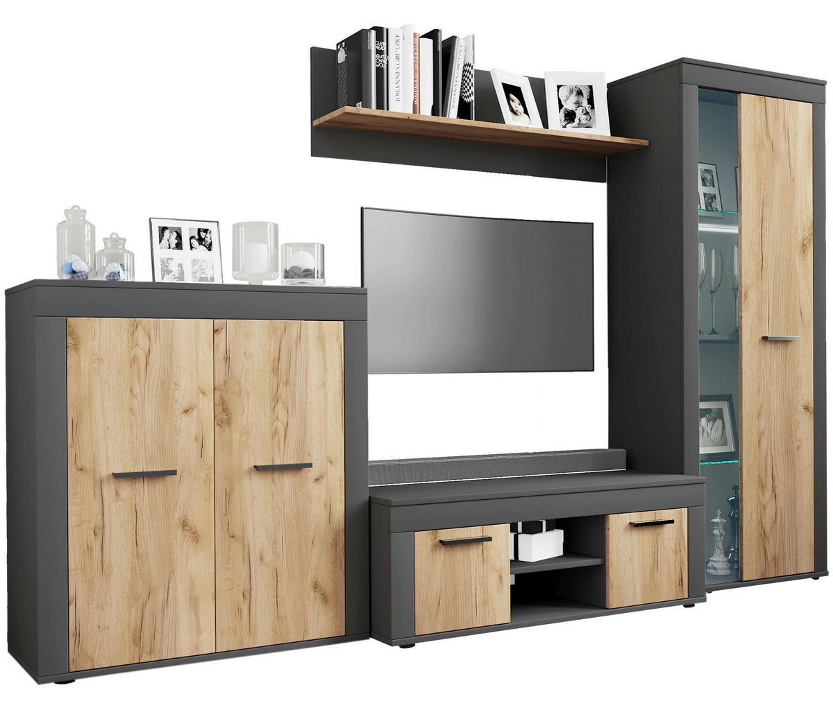 Dnevni Regal Usilo L, Barva Hrasta, Antracit, 4-Delni - črna/medeni hrast, Design, umetna masa/steklo (242/159/37cm) - MID.YOU