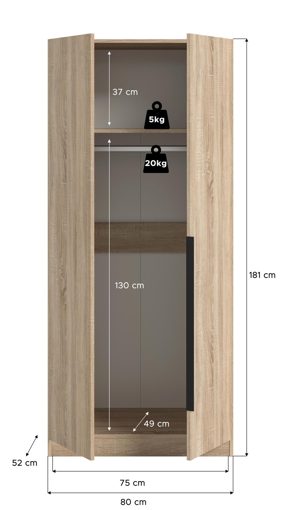 Drehtürenschrank KOPENHAGEN ca.80x181x52cm Sonoma Eiche - Schwarz/Sonoma Eiche, MODERN, Holzwerkstoff/Kunststoff (80/181/52cm) - MID.YOU
