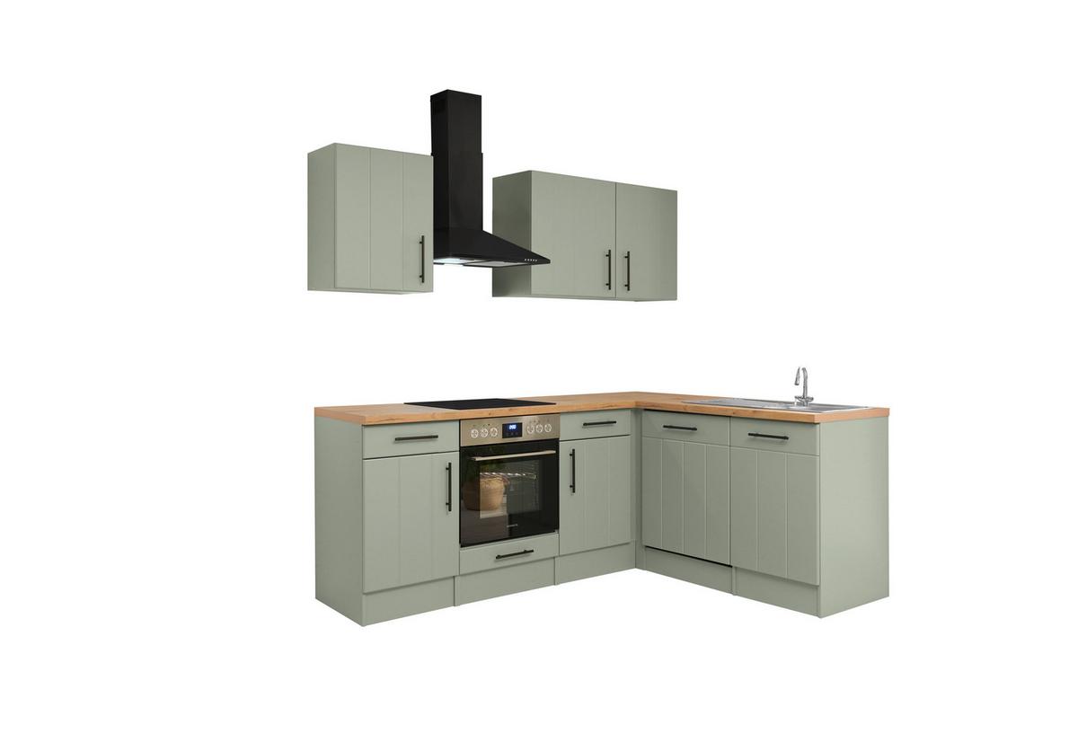 Eckküche Anton m. Geräte ca. 220x172cm Eiche/Schilfgrün - Schilfgrün/Wildeiche, Trend, Holzwerkstoff/Metall (220/172cm) - Respekta
