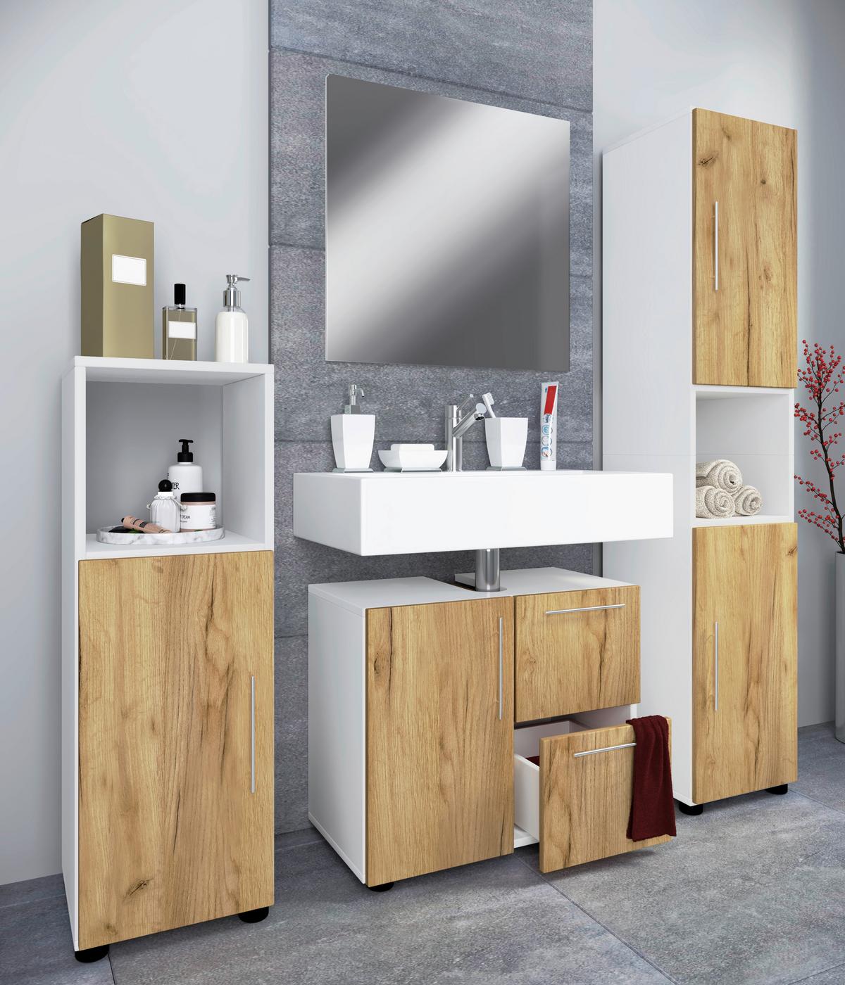 Badezimmer Flandu 4-tlg. ca. 123 cm Honigeiche/Weiß - Honigeiche/Silberfarben, MODERN, Holzwerkstoff/Kunststoff (123cm) - MID.YOU