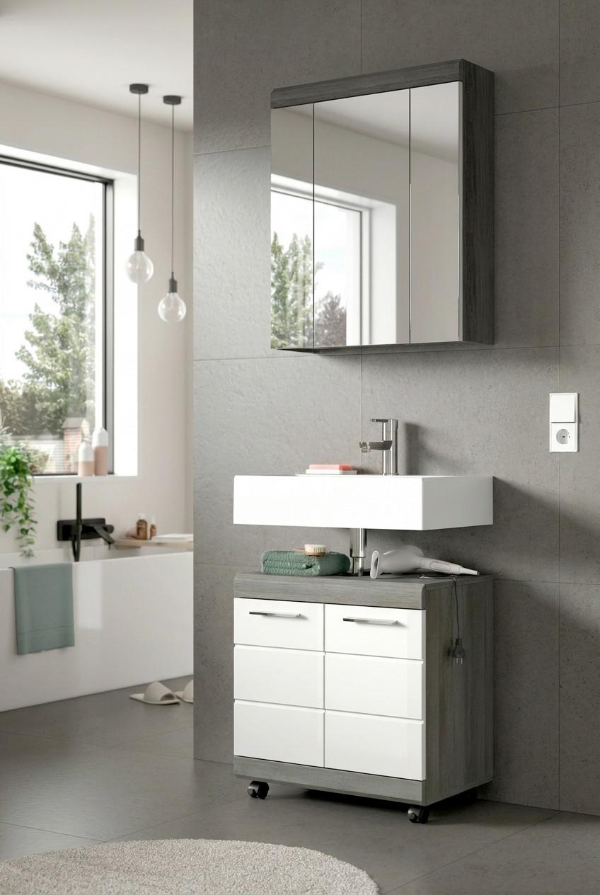 Badezimmer Scout Grau/Weiß Hochglanz 2-teilig - Weiß Hochglanz/Silberfarben, Trend, Glas/Holzwerkstoff (60cm) - MID.YOU