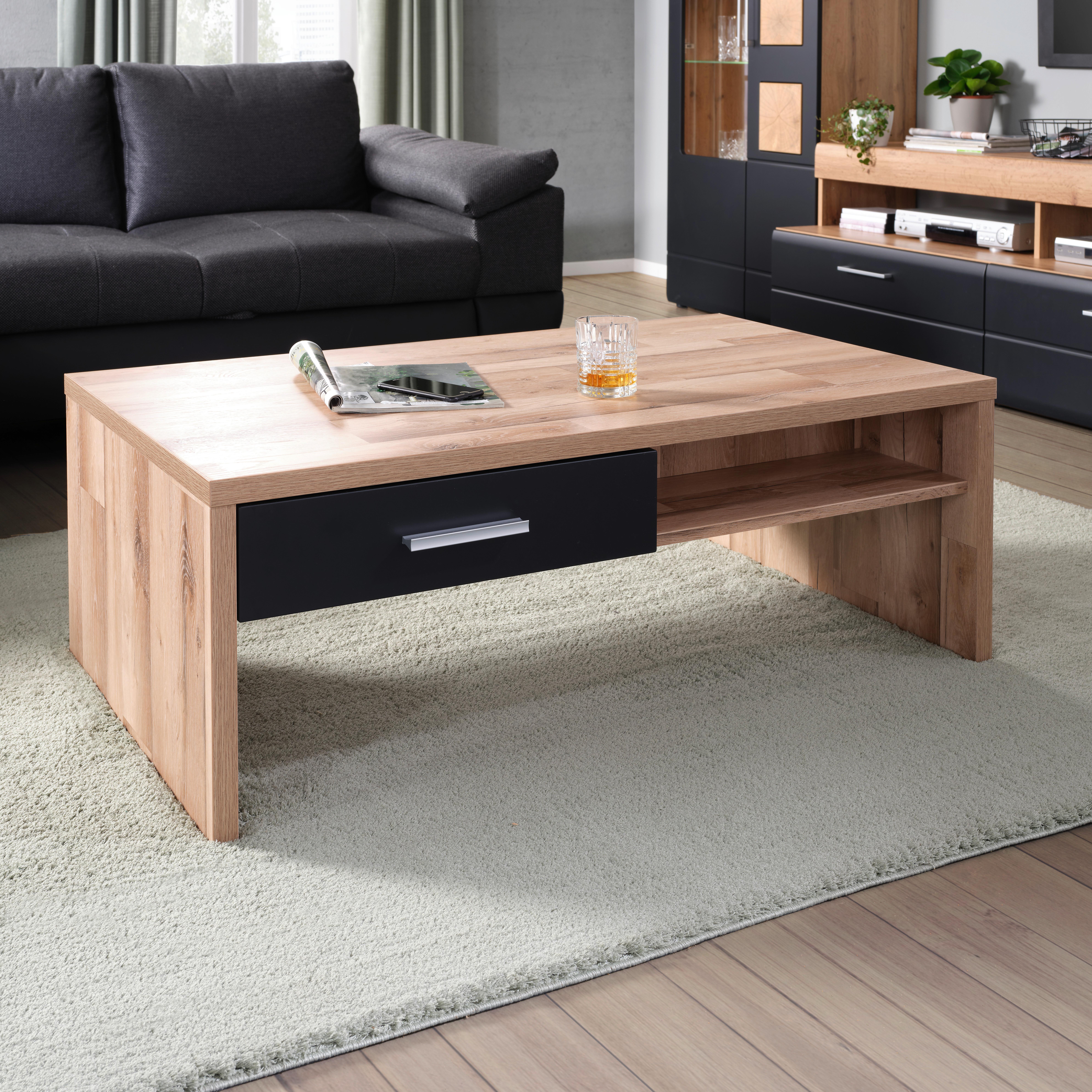 Couchtisch Sonate Eichefarben/ Schwarz mit Schublade - Chromfarben/Eichefarben, MODERN, Holzwerkstoff/Metall (110/64/40cm) - Mömax