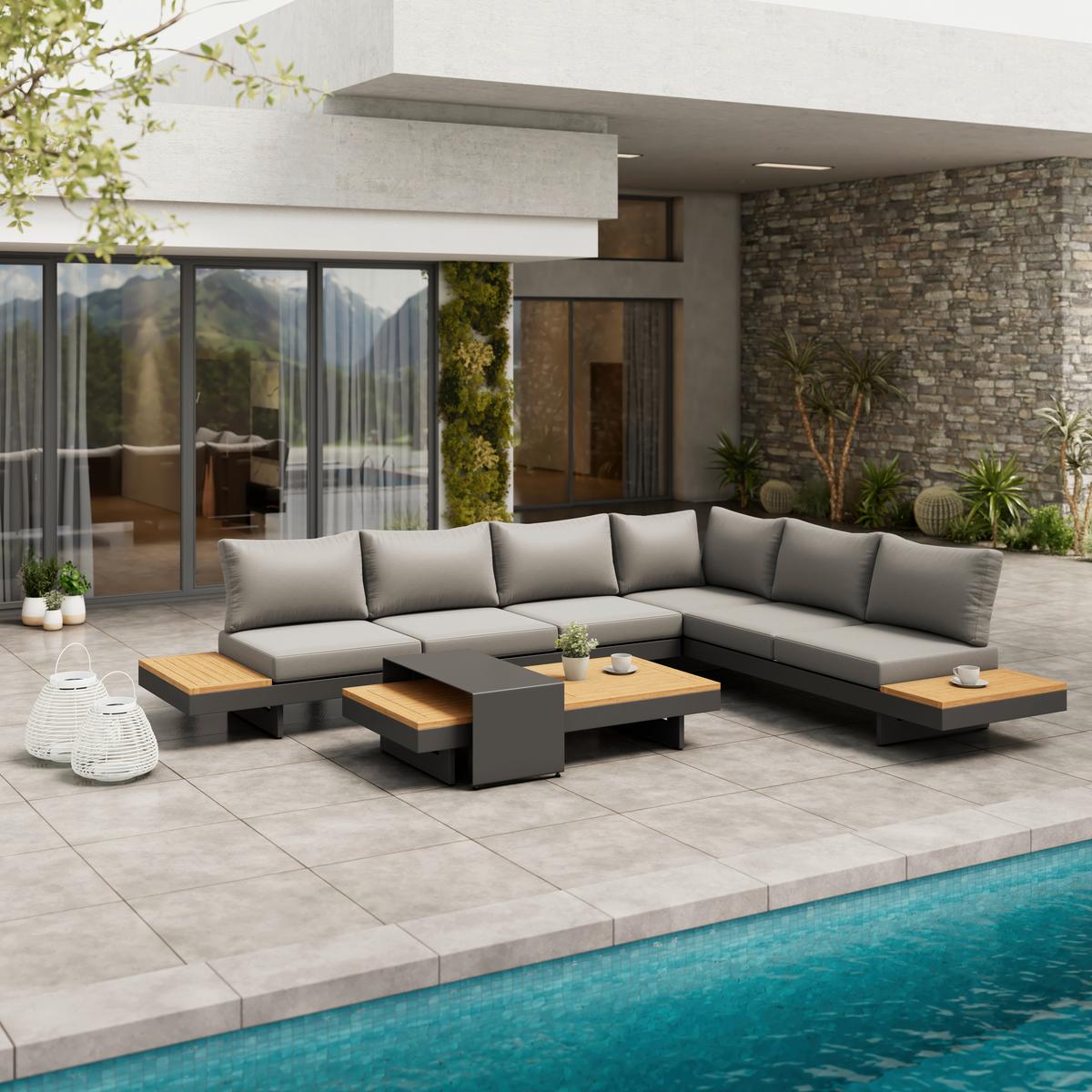 Loungegarnitur Amaia Grau, Outdoorgewebe - Dunkelgrau/Grau, Modern, Holz/Textil (323/80/70cm) - Bessagi Garden