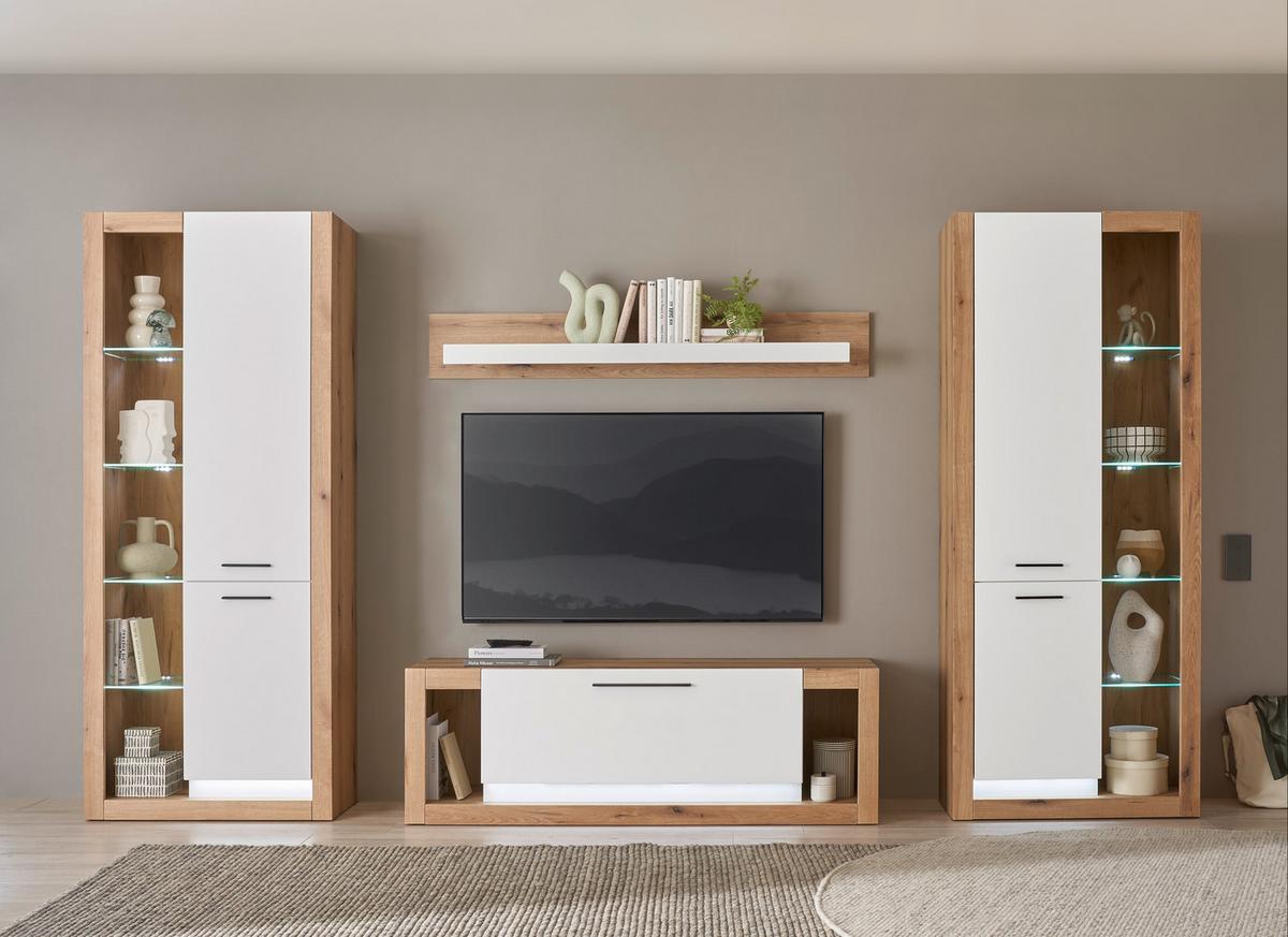 WOHNWAND BRIXEN - Eichefarben/Schwarz, Design, Glas/Holzwerkstoff (350/195/43cm) - MID.YOU