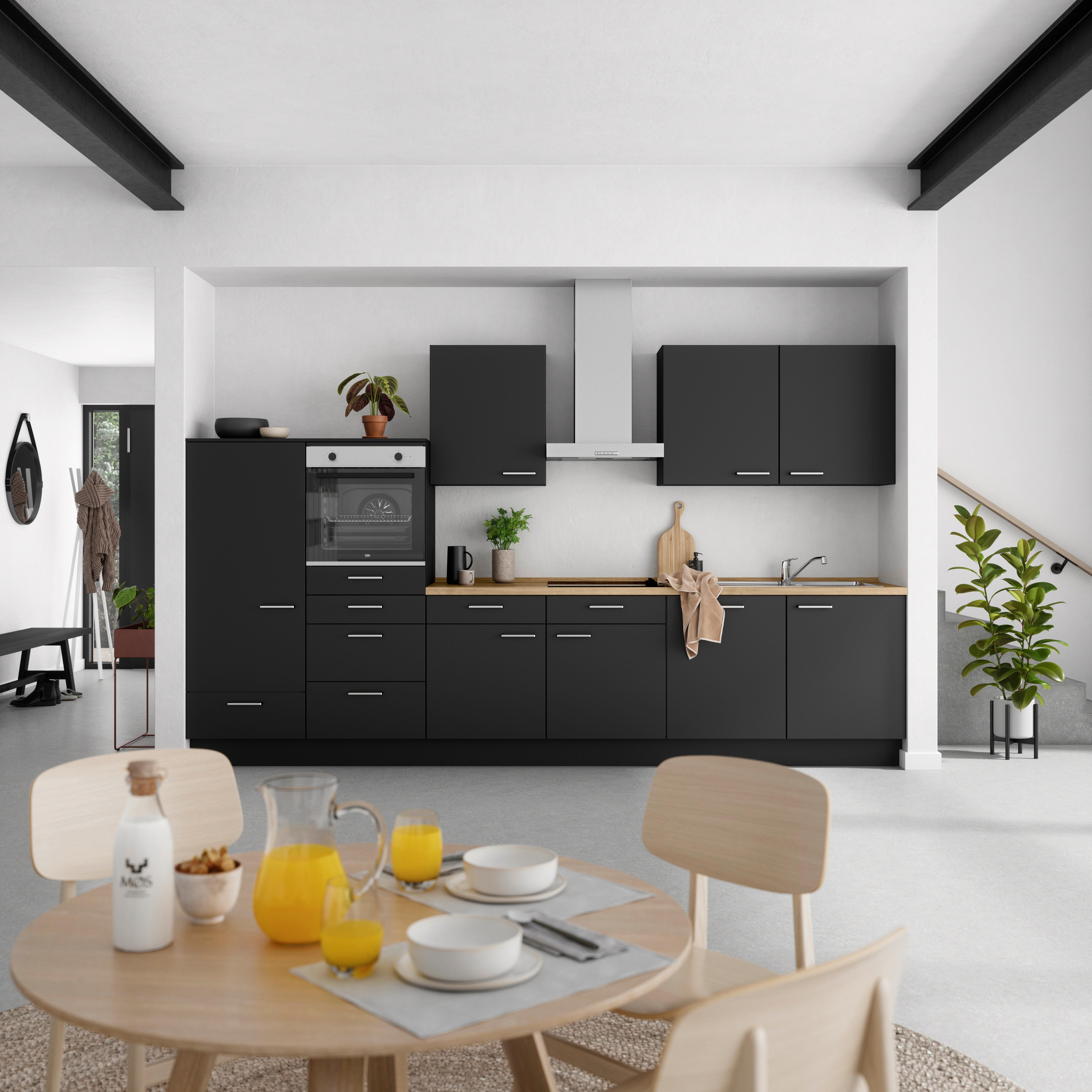 Küchenblock Touch Low m. Geräten Schwarz - Edelstahlfarben/Eichefarben, MODERN, Holzwerkstoff/Metall (360cm) - Nobilia