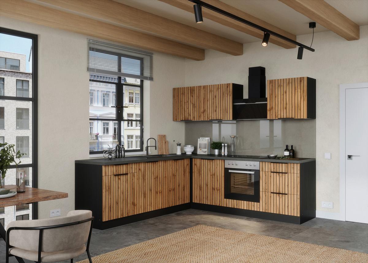 Eckküche Liverpool m. Geräten ca. 240x240cm Graphit/Eiche - Schieferfarben/Eiche Wotan, Basics, Holzwerkstoff/Metall (240/240cm) - Held