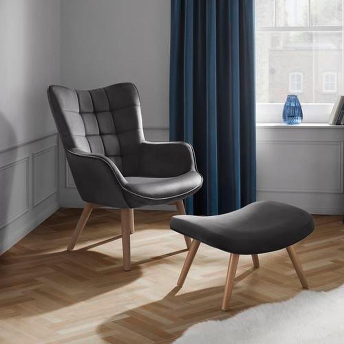 Relaxsessel mit Hocker Merlin Grau Samt - Anthrazit, MODERN, Holz/Textil (71/98/80cm) - Bessagi Home