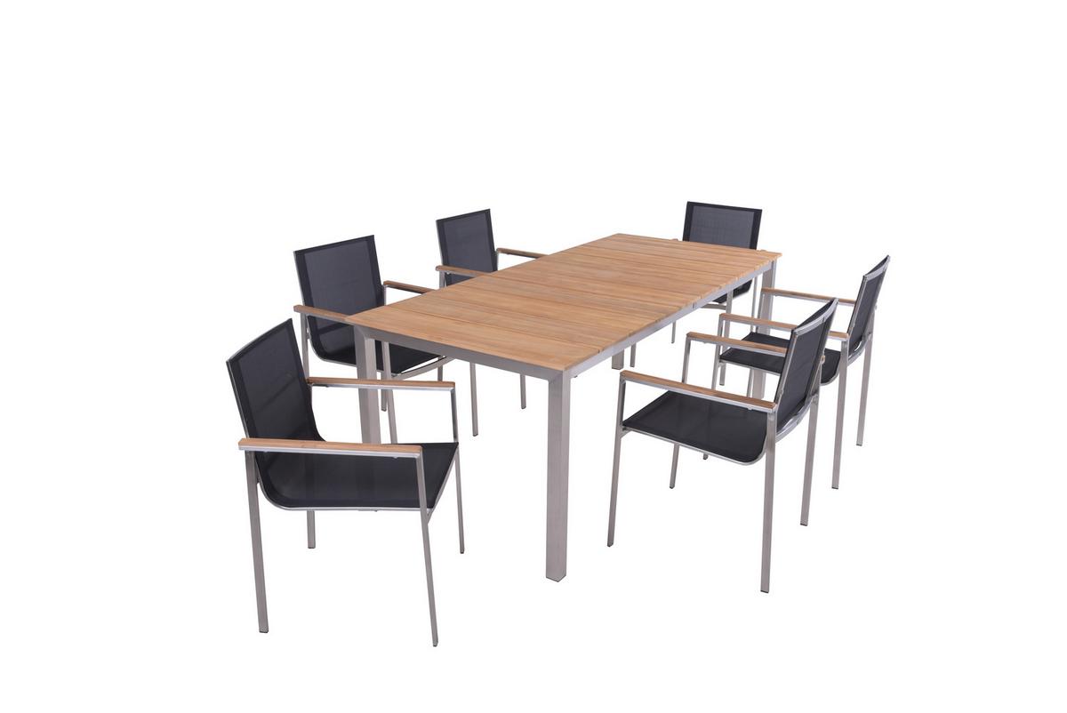 Gartentischgruppe Dallas- Denver Teak 7-tlg. - Dunkelgrau/Silberfarben, Basics, Holz/Kunststoff - Gardenson