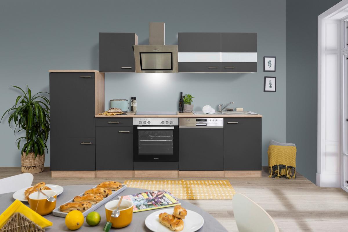 Küchenblock Merle mit Geräten ca. 280 cm Grau - Eichefarben/Alufarben, Basics, Holzwerkstoff/Metall (280cm) - Respekta