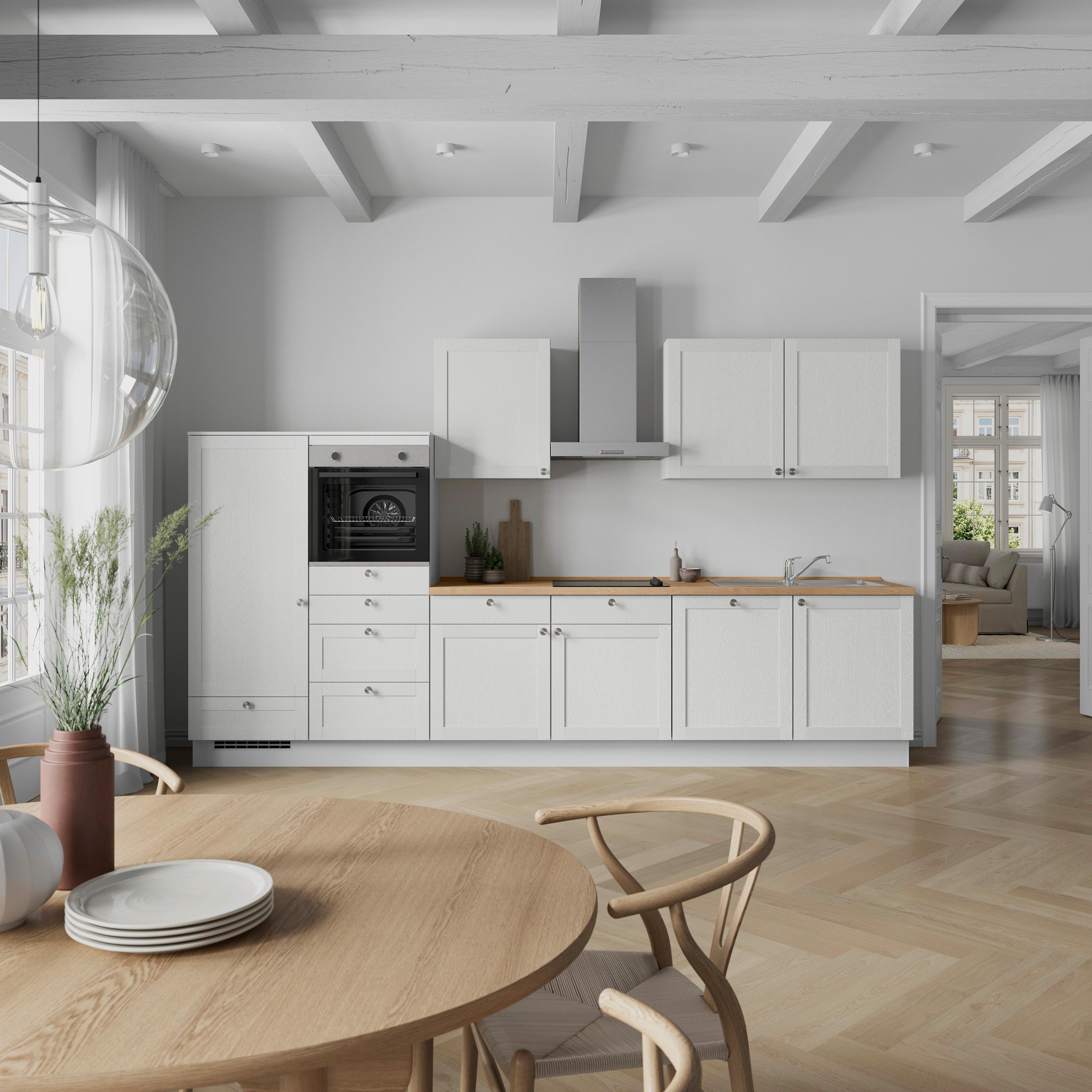 Küchenleerblock Frame Low o. Geräte Weiß - Edelstahlfarben/Eichefarben, MODERN, Holzwerkstoff/Metall (360cm) - Nobilia