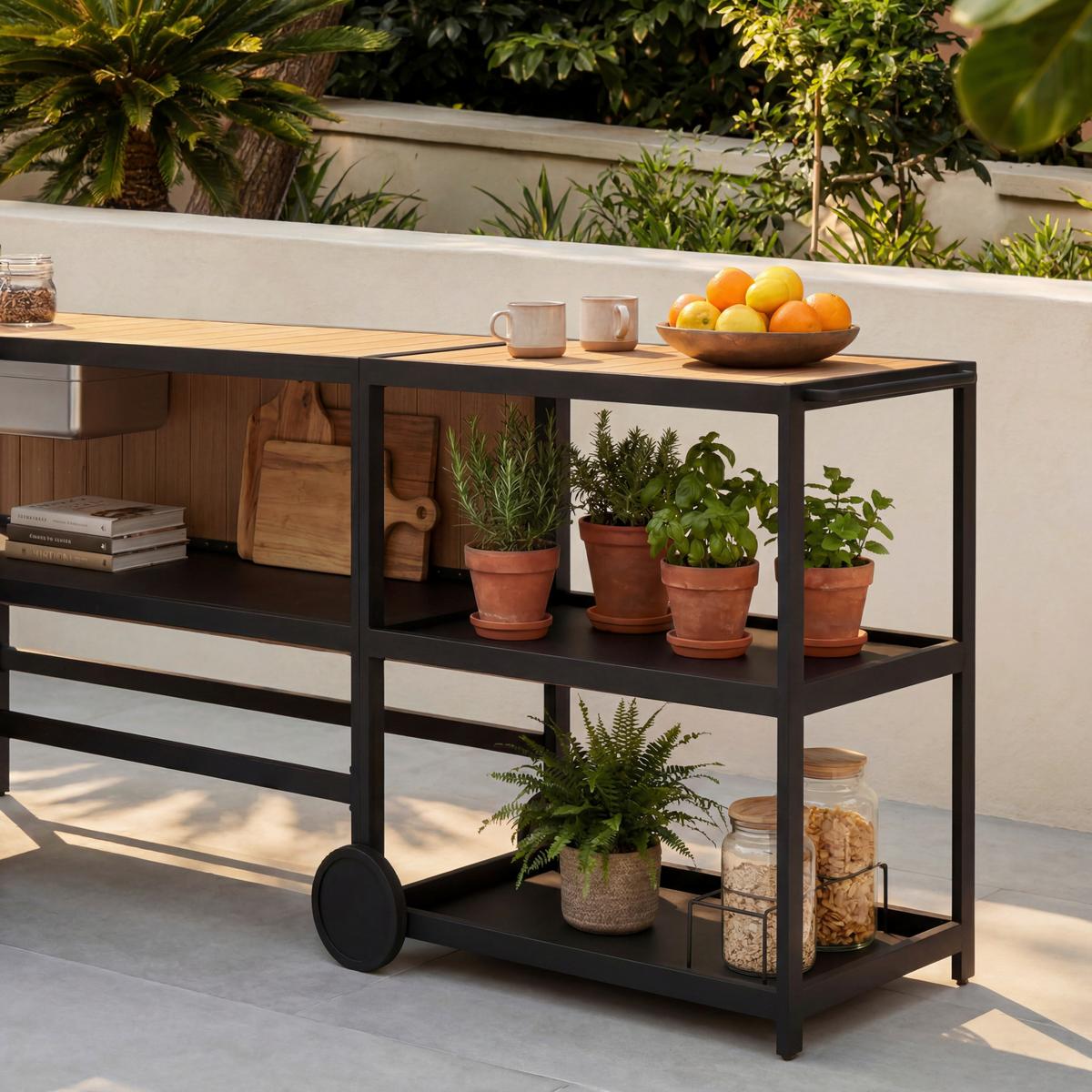 Outdoorküche Delia Schwarz /Naturfarben inkl. Abdeckung - Schwarz/Naturfarben, MODERN, Kunststoff/Metall (239/90/120cm) - Bessagi Garden