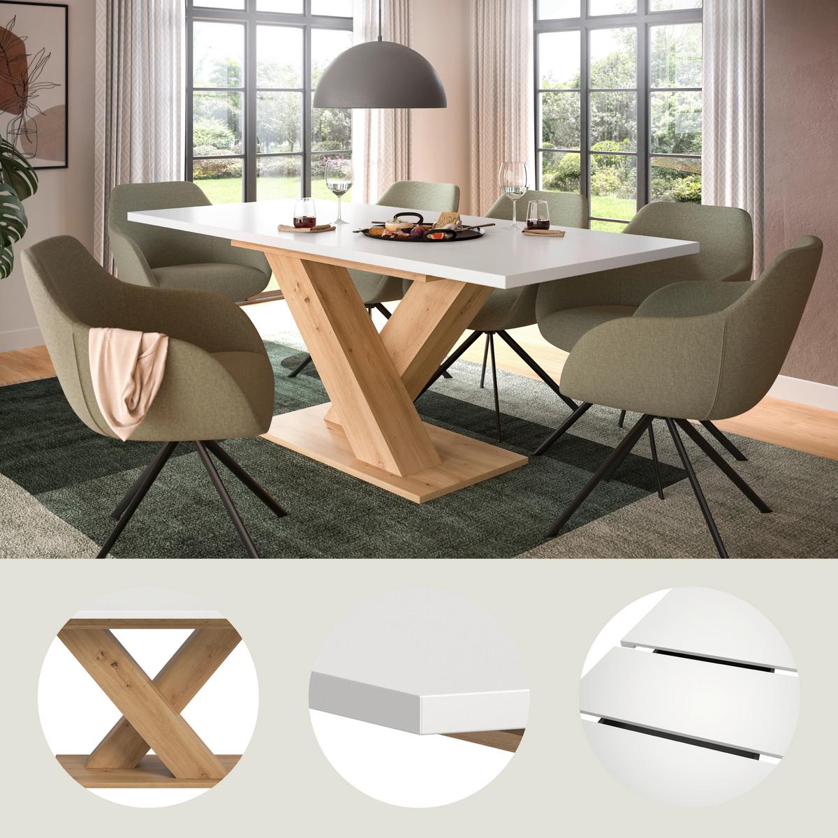 Raztegljiva Miza Marlon, Bela, Barva Hrasta, 150-190x90cm - bela/hrast artisan, Konvencionalno, leseni material (150-190/90/76cm) - MID.YOU