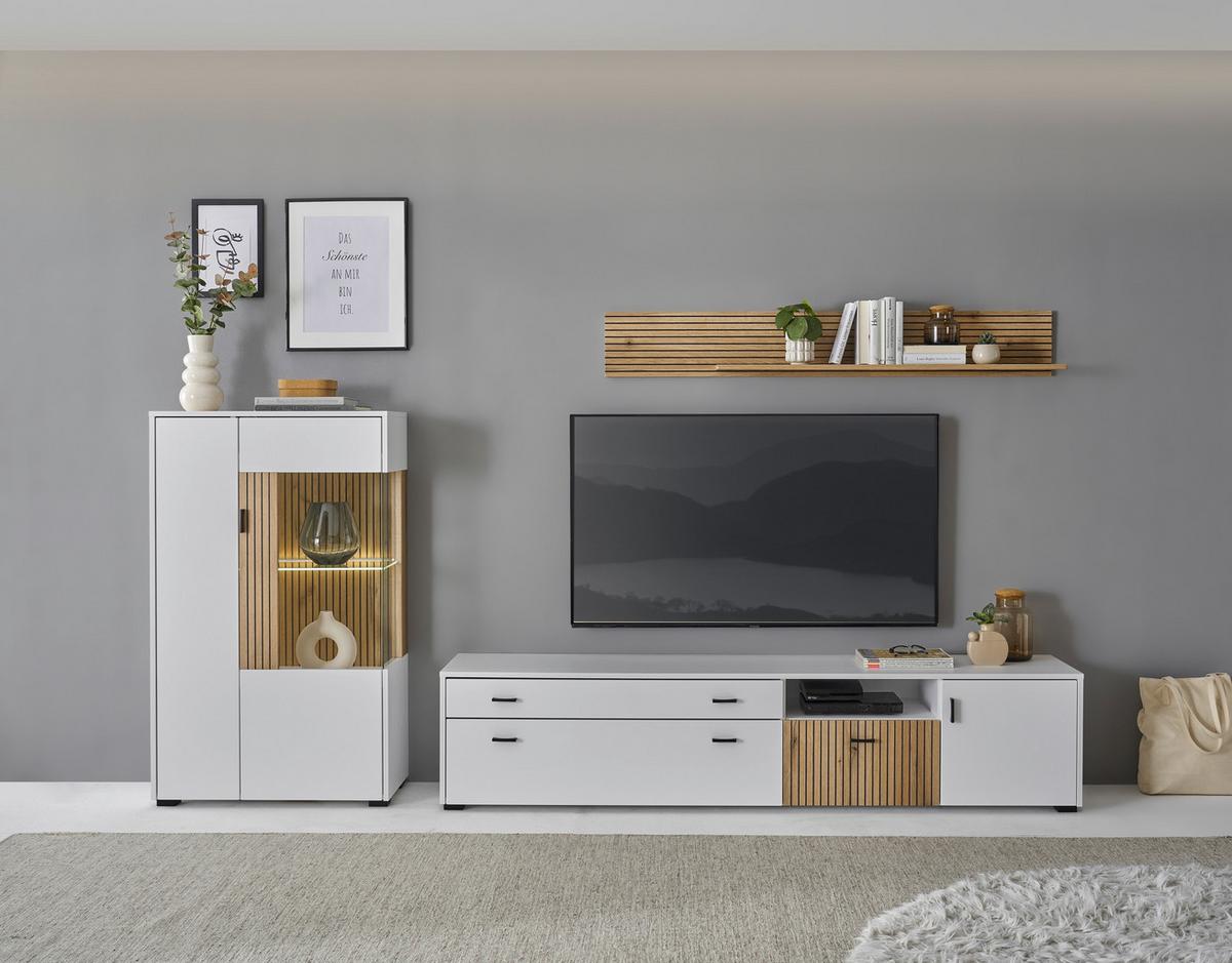 Wohnwand Husdon Weiß/Eichefarben - Eichefarben/Schwarz, Design, Glas/Holzwerkstoff (285/170/42cm) - MID.YOU